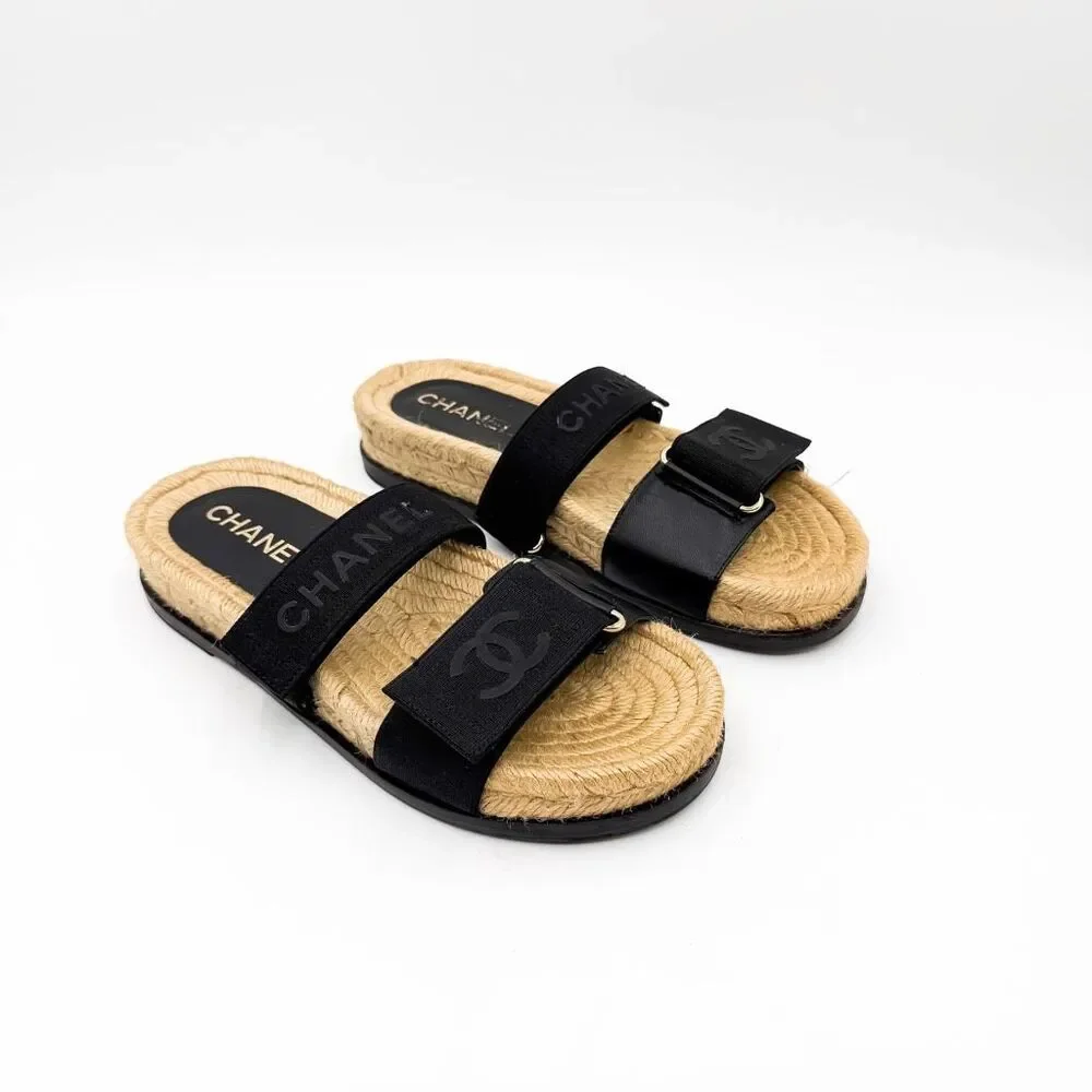 Chanel CC Monogram Black Sandals Espadrille Slides EU 37
